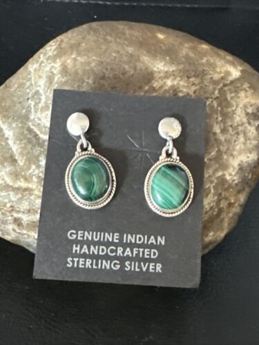 Navajo Green Malachite Dangle Earrings | Sterling Silver | Authentic Native American Handmade | 14922