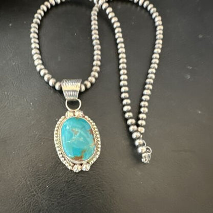 Navajo Pearls Kingman Turquoise Pendant Necklace | Sterling Silver | Authentic Native American Handmade | 17126