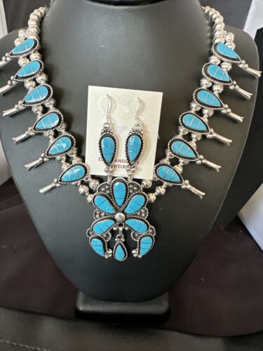 Zuni Kingman Turquoise Inlay Squash Blossom Necklace & Earrings | Sterling Silver | 16544