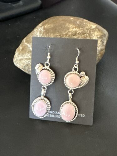Navajo Pink Queen Conch Shell Dangle Earrings | Sterling Silver | Authentic Native American Handmade | 17216