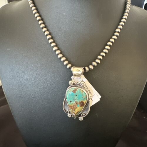 Navajo Blue Turquoise Pendant Necklace | Sterling Silver Pearls | Authentic Native American Handmade | 15653 - Masha USA