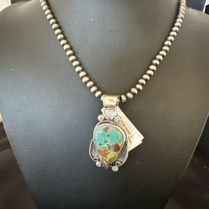 Navajo Blue Turquoise Pendant Necklace | Sterling Silver Pearls | Authentic Native American Handmade | 15653 - Masha USA