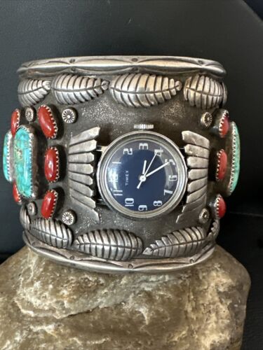 Navajo Men's Women's Royston Turquoise Coral Watch Cuff Bracelet | Sterling Silver | Authentic Native American | XL | 15850