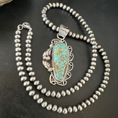 Navajo Blue Turquoise #8 Pendant | Sterling Silver Pearls Necklace | Authentic Native American Handmade | 15899