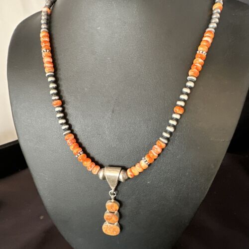 Navajo Orange Spiny Oyster Pendant Necklace | Sterling Silver | Multi-Stone | Authentic Native American Handmade | 15254