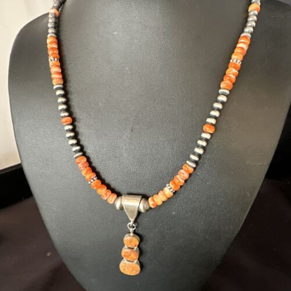 Navajo Orange Spiny Oyster Pendant Necklace | Sterling Silver | Multi-Stone | Authentic Native American Handmade | 15254