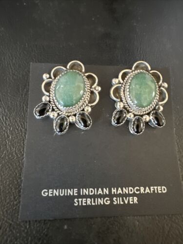 Navajo Black Onyx Green Jade Earrings | Sterling Silver | 1" | Authentic Native American Handmade | 15333