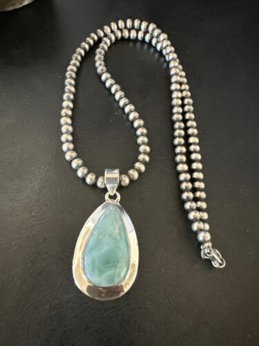 Navajo Blue Larimar Pendant Necklace | Sterling Silver Beads | Authentic Native American Handmade | 17568