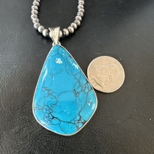 Men's Navajo Blue Spiderweb Turquoise Pendant Necklace | Sterling Silver | Authentic Native American Handmade | 16207