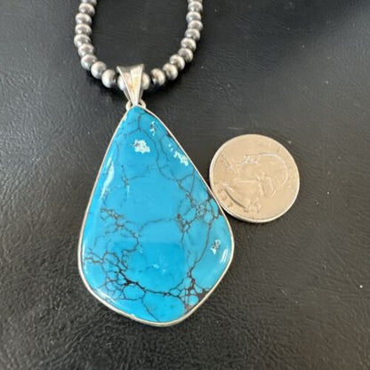 Men's Navajo Blue Spiderweb Turquoise Pendant Necklace | Sterling Silver | Authentic Native American Handmade | 16207