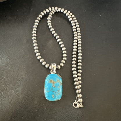 Navajo Blue Kingman Turquoise Pendant Necklace | Sterling Silver | 20" | Authentic Native American Handmade | 16997
