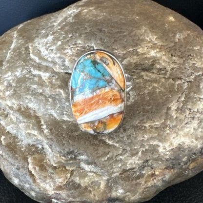 Navajo Turquoise Spiny Oyster Ring | Sterling Silver | Sz 8 | Authentic Native American Handmade | 16612
