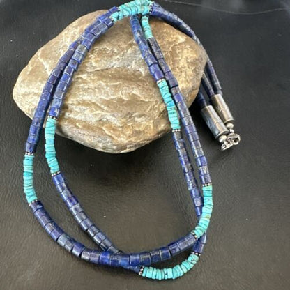 Navajo Blue Turquoise Lapis Necklace | Sterling Silver | 22" | Authentic Native American Handmade | 17554