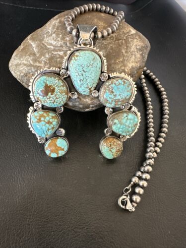 Navajo Blue Turquoise #8 Squash Blossom Necklace Naja Pendant | Sterling Silver | Authentic Native American Handmade | 16896