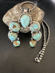 Navajo Blue Turquoise #8 Squash Blossom Necklace Naja Pendant | Sterling Silver | Authentic Native American Handmade | 16896