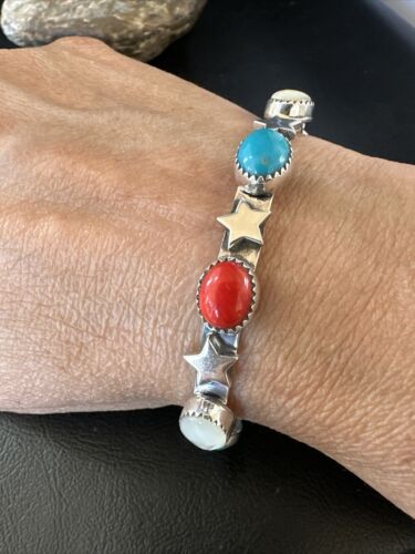 Fourth July Blue Turquoise Coral Mother Of Pearl Navajo Sterling Silver Cuff Bracelet 15338