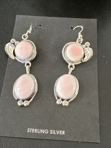 Navajo Pink Conch Shell Dangle Earrings | Sterling Silver | Authentic Native American Handmade | 17198
