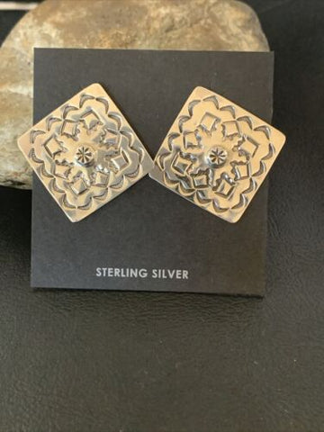 Square Navajo Stamped Sterling Silver Native American Earrings 1198