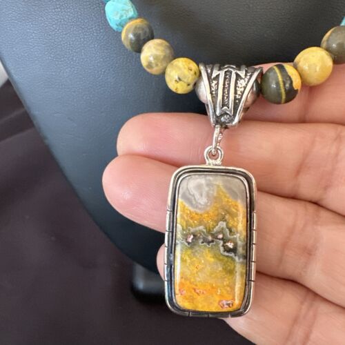 Men's BumbleBee Jasper Pendant Necklace | Navajo Pearls | Sterling Silver | Authentic Native American Handmade | 16873 - Masha USA