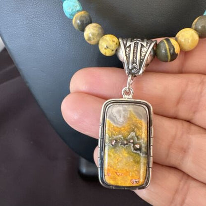 Men's BumbleBee Jasper Pendant Necklace | Navajo Pearls | Sterling Silver | Authentic Native American Handmade | 16873 - Masha USA