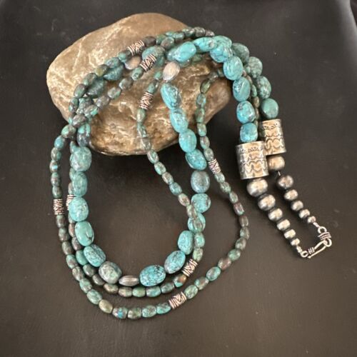 Navajo Spiderweb Turquoise Necklace | 3 Strands | Sterling Silver | 24" | Authentic Native American Handmade | 17403