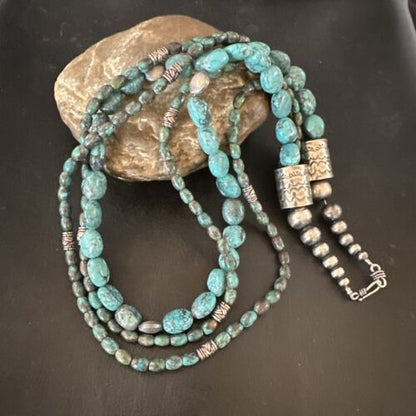 Navajo Spiderweb Turquoise Necklace | 3 Strands | Sterling Silver | 24" | Authentic Native American Handmade | 17403
