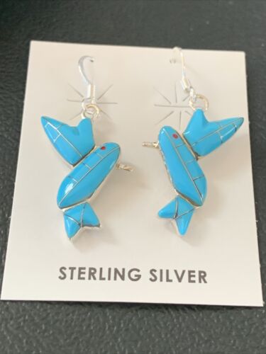 Navajo Blue Turquoise Hummingbird Earrings | Sterling Silver | 1" | Authentic Native American Handmade | 01424