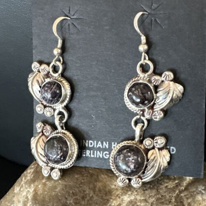 Navajo Purple Sugilite Dangle Earrings | Sterling Silver | 2" | Authentic Native American Handmade | 15693
