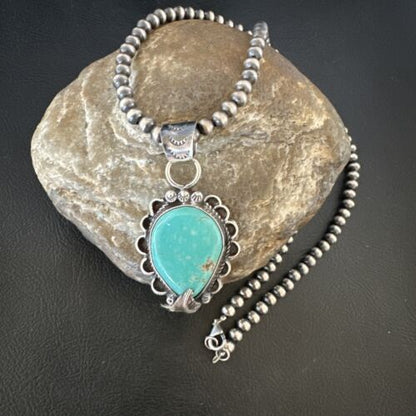 Navajo Blue Turquoise Pendant Necklace | Sterling Silver Pearls | Authentic Native American Handmade | 15656