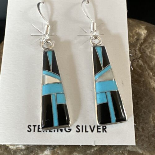 Navajo Blue Turquoise Black Onyx Inlay Earrings | Sterling Silver | 1" | Authentic Native American Handmade | 15700