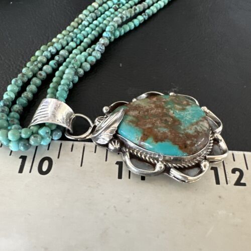 Navajo Blue Turquoise Pendant | Sterling Silver 3-Strand Bead Necklace | 17" | Authentic Native American Handmade | 15995