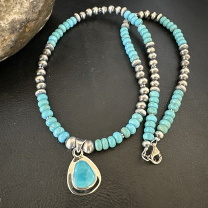 Navajo Blue Kingman Turquoise Pendant Necklace | Sterling Silver | 21" | Authentic Native American Handmade | 16933