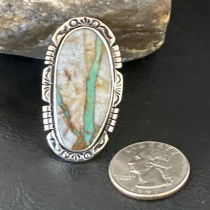 Navajo Ribbon Boulder Green Turquoise Ring | Sterling Silver | Sz 9 | Authentic Native American Handmade | 16252