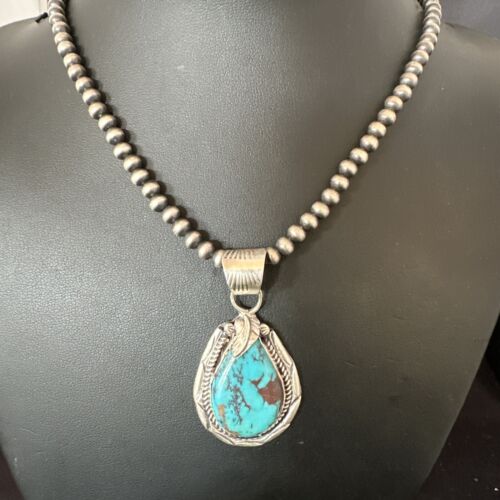 Navajo Blue Kingman Turquoise Pendant Necklace | Sterling Silver Pearls | Authentic Native American Handmade | 16024