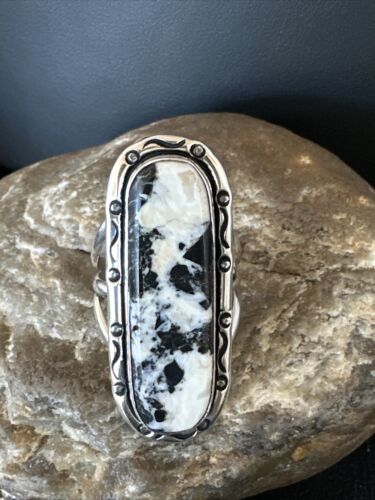White Buffalo Turquoise Navajo Ring | Sterling Silver | Sz 9 | Authentic Native American Handmade | 16387