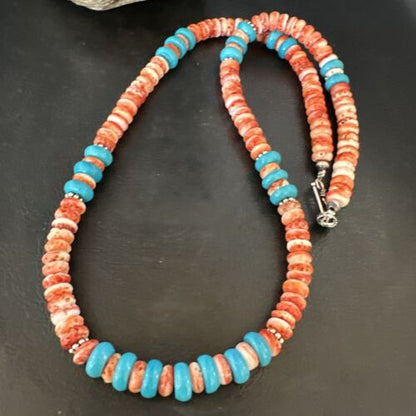 Women's Turquoise Spiny Oyster Necklace | Navajo Pearl Sterling Silver | Authentic Native American Handmade | 22" | 15057