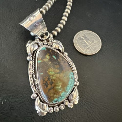 Men's Navajo Green Turquoise Pendant Necklace | Sterling Silver | Authentic Native American Handmade | 17528