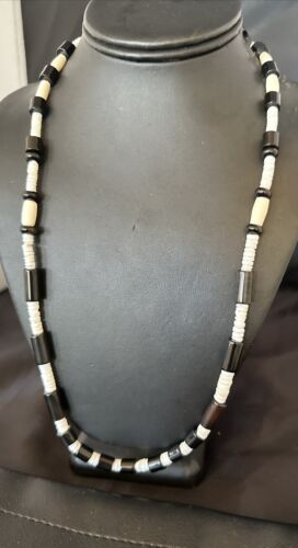 Men's Navajo Black Onyx White Shell Necklace | Sterling Silver | 26" | Authentic Native American Handmade | 17583