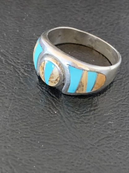 Navajo Coffee Picture Jasper Turquoise Inlay Ring | Sterling Silver | Sz 8.5 | 10982