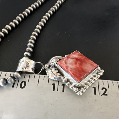 Navajo Red Spiny Oyster Pendant Necklace | Sterling Silver | Authentic Native American Handmade | 16145