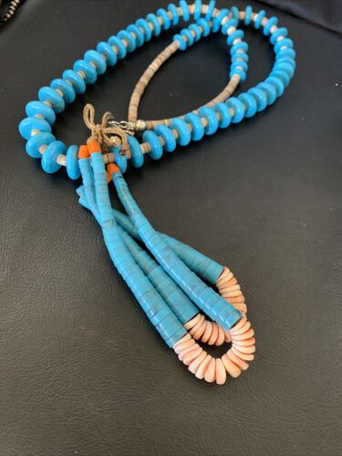 Santo Domingo Spiny Oyster Blue Turquoise Shell Jacla Necklace | 26" | Authentic Native American Handmade | 12514