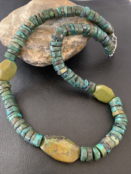 Men's Navajo Green Turquoise Nugget Heishi Bead Necklace | 21" | Sterling Silver | 02144