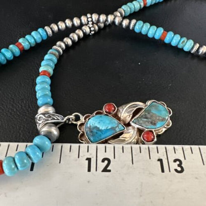 Navajo Blue Turquoise | Coral Pendant Necklace | Sterling Silver | Multi-Stone | 15256
