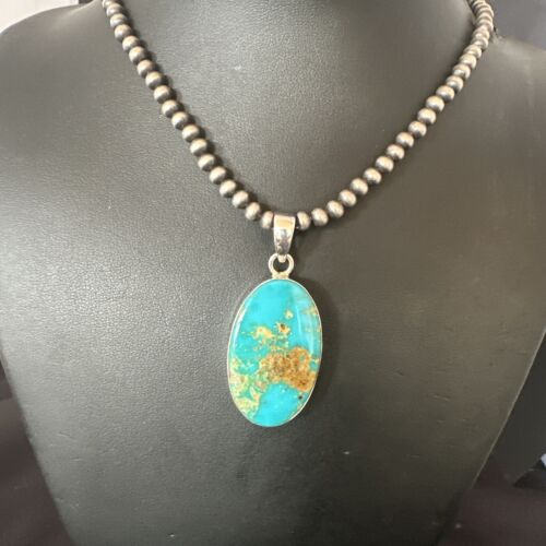 Blue Kingman Turquoise Pendant | Navajo Pearls | Sterling Silver Necklace 20" | 16688