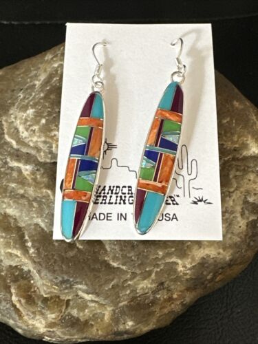 Southwestern Sterling Silver Multi-Color Turquoise Lapis Inlay Earrings | Authentic Native American Handmade | 14937