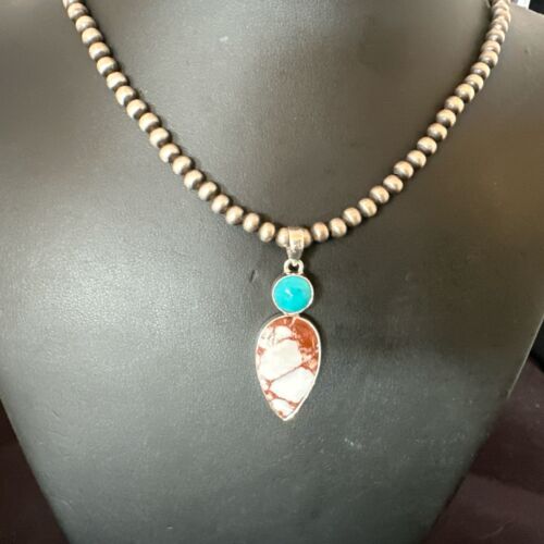 Navajo Wild Horse Blue Kingman Turquoise Necklace | Sterling Silver | Authentic Native American Handmade | 17318