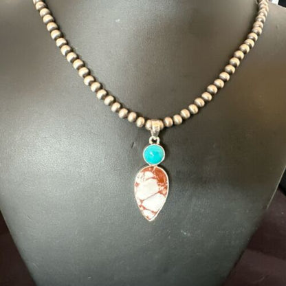 Navajo Wild Horse Blue Kingman Turquoise Necklace | Sterling Silver | Authentic Native American Handmade | 17318