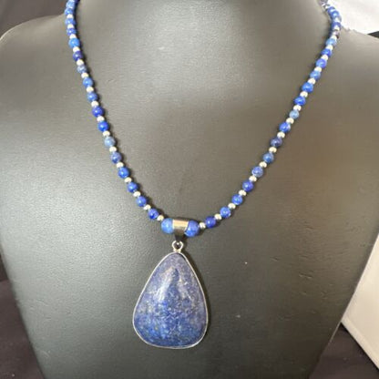 Navajo Blue Denim Lapis Pendant Necklace | Sterling Silver Pearls | 22" | Authentic Native American Handmade | 16579