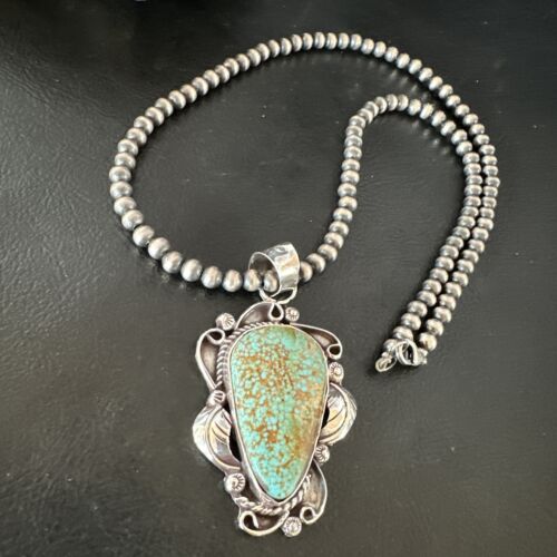 Navajo Blue Turquoise #8 Pendant | Sterling Silver Pearls Necklace | Authentic Native American Handmade | 15902