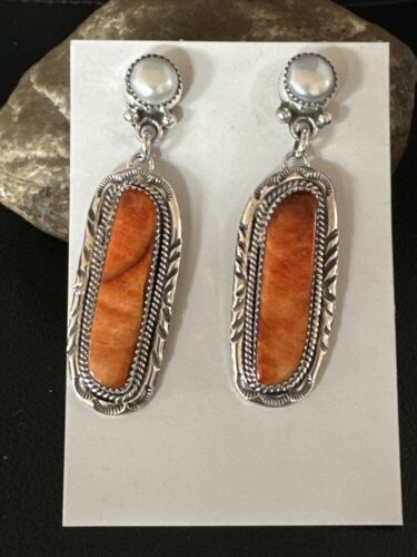 Navajo Red Spiny Oyster Pearl Dangle Earrings | Sterling Silver | Authentic Native American Handmade | 15325